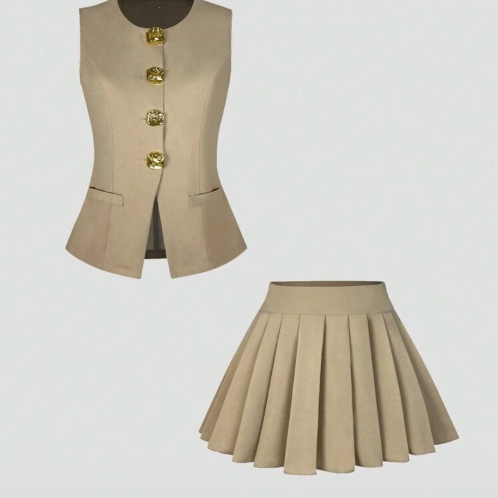 Tan Mini Skater Dress with Pleated Skirt Set